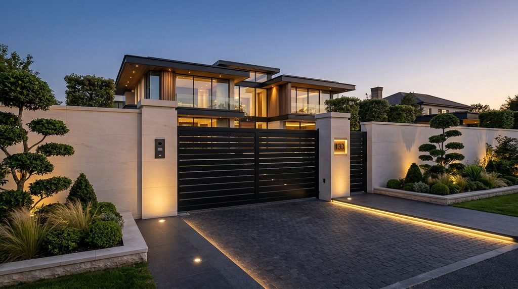 25 Modern Gate Design Ideas to Enhance Your Home's Entrance in 2026 9 Horizontal slat gate for a contemporary home.