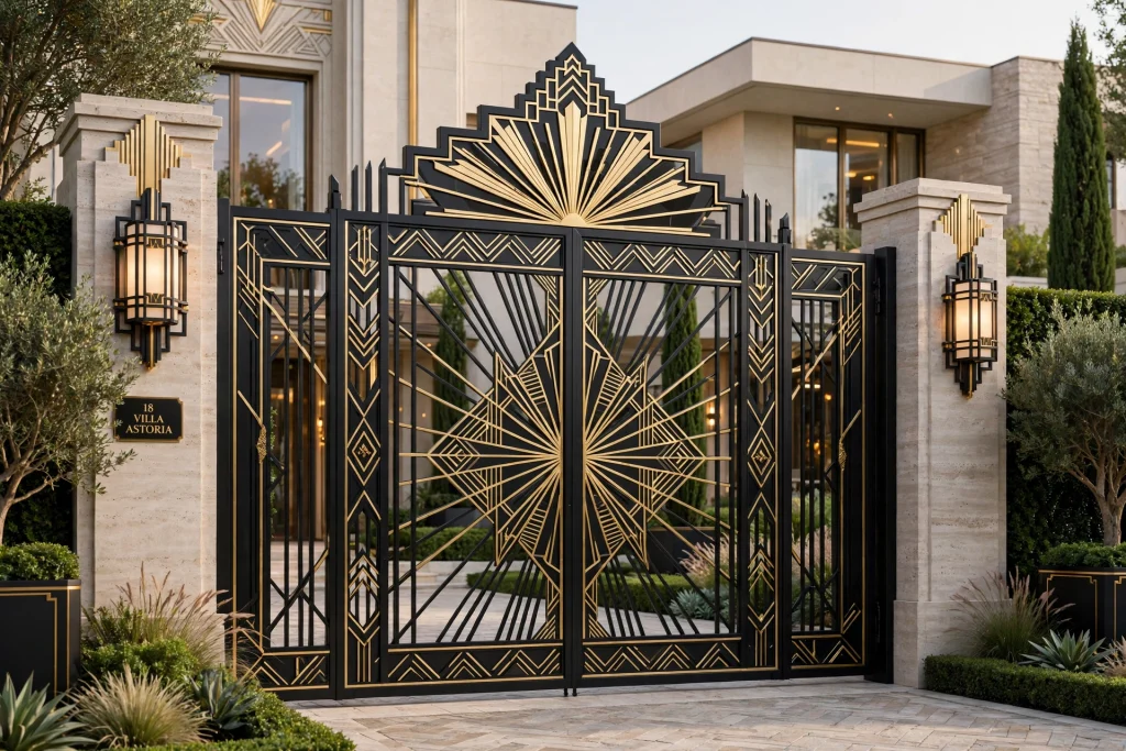 Art Deco black metal villa gate with gold accents