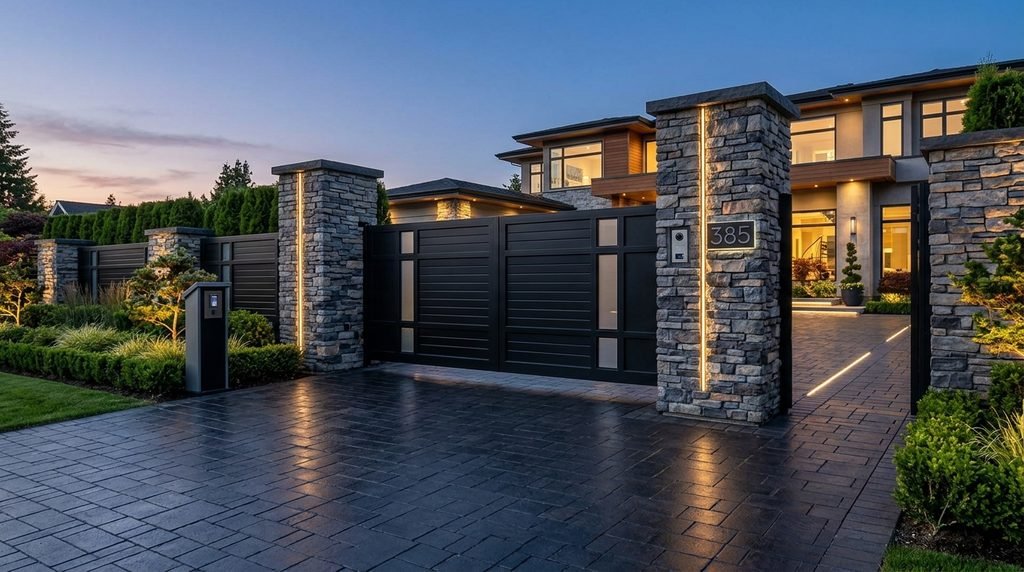 25 Modern Gate Design Ideas to Enhance Your Home's Entrance in 2026 2 Elegant modern entrance gate with automated features.