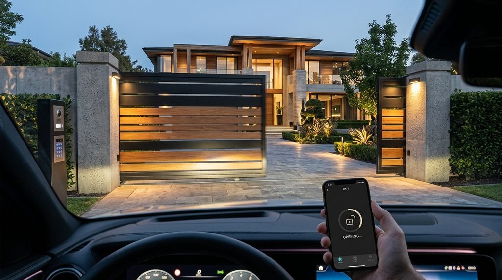 25 Modern Gate Design Ideas to Enhance Your Home's Entrance in 2026 18 Smart automatic gate controlled by a smartphone.