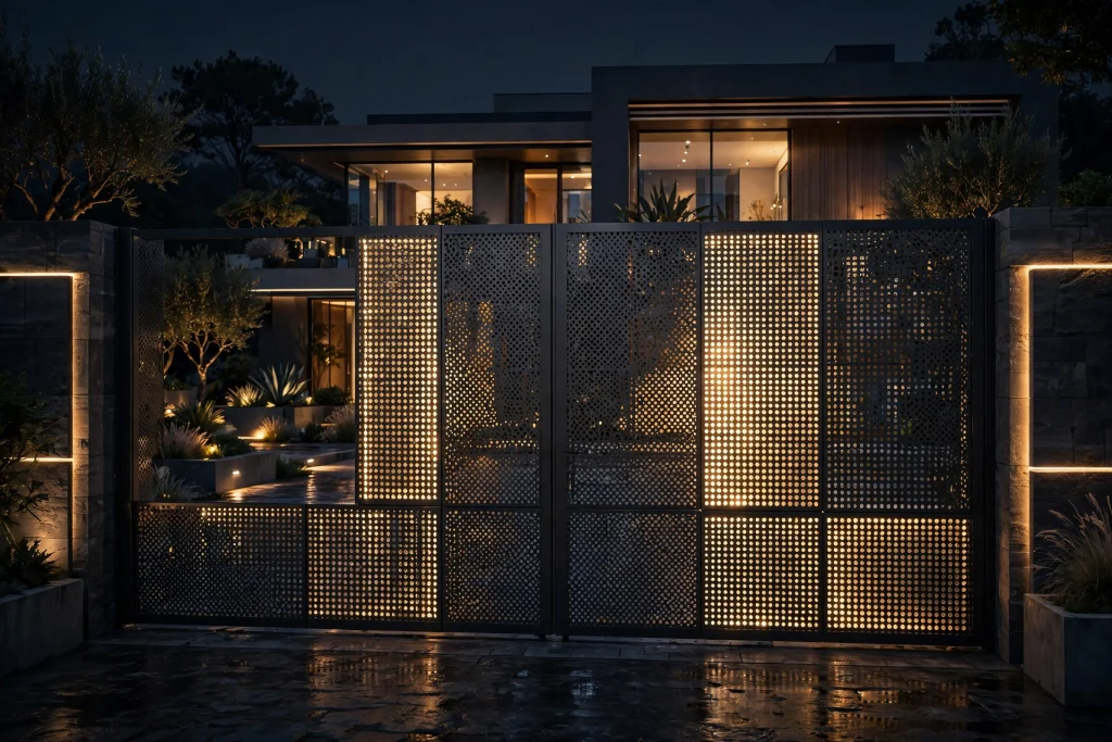  Backlit perforated black metal villa gate at night