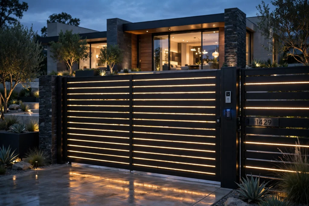 Black aluminum slat gate with LED lighting