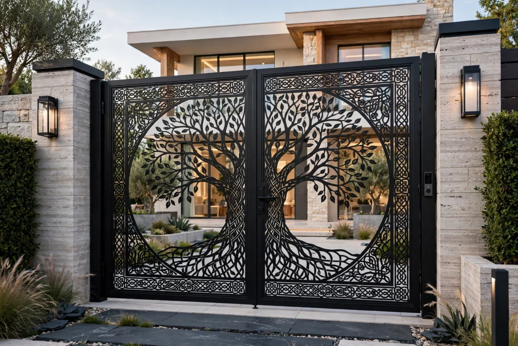 Black metal gate with laser-cut tree of life motif