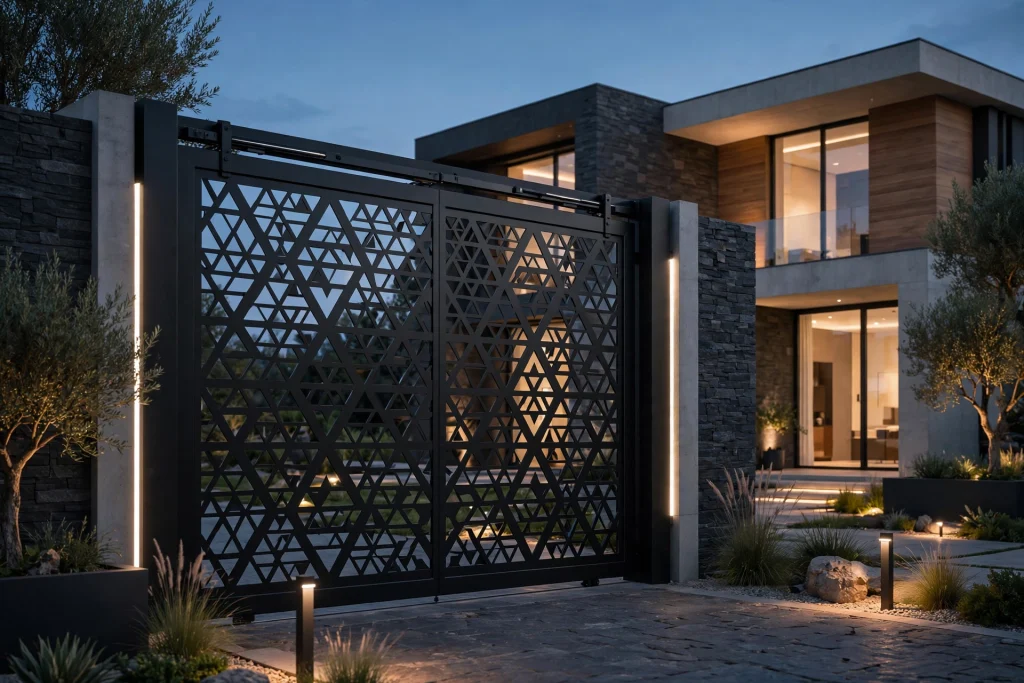  Black metal geometric sliding gate design for modern villa at dusk