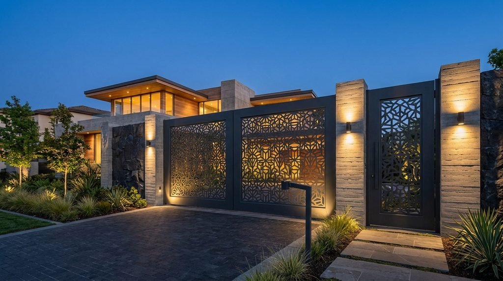 25 Modern Gate Design Ideas to Enhance Your Home's Entrance in 2026 22 Modern privacy gate with decorative panels.