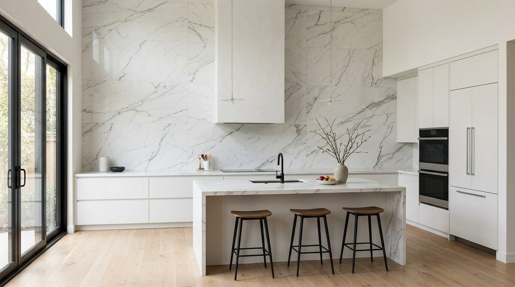 25 Kitchen Design Ideas to Create a Stylish and Functional Space in 2026 23 Large-format backsplash tiles in a luxury kitchen