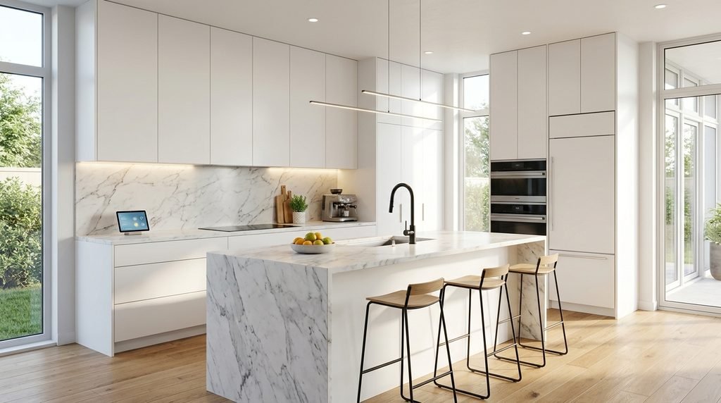 25 Kitchen Design Ideas to Create a Stylish and Functional Space in 2026 33 Smart kitchen featuring a touchless faucet and LED lighting