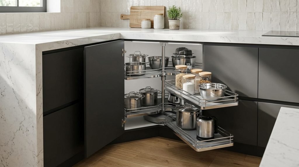 25 Kitchen Design Ideas to Create a Stylish and Functional Space in 2026 21 Corner kitchen cabinet with rotating storage