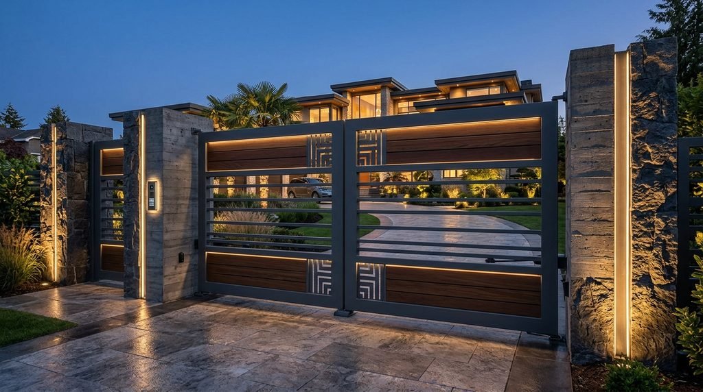 25 Modern Gate Design Ideas to Enhance Your Home's Entrance in 2026 34 Elegant double gate with premium finishes.