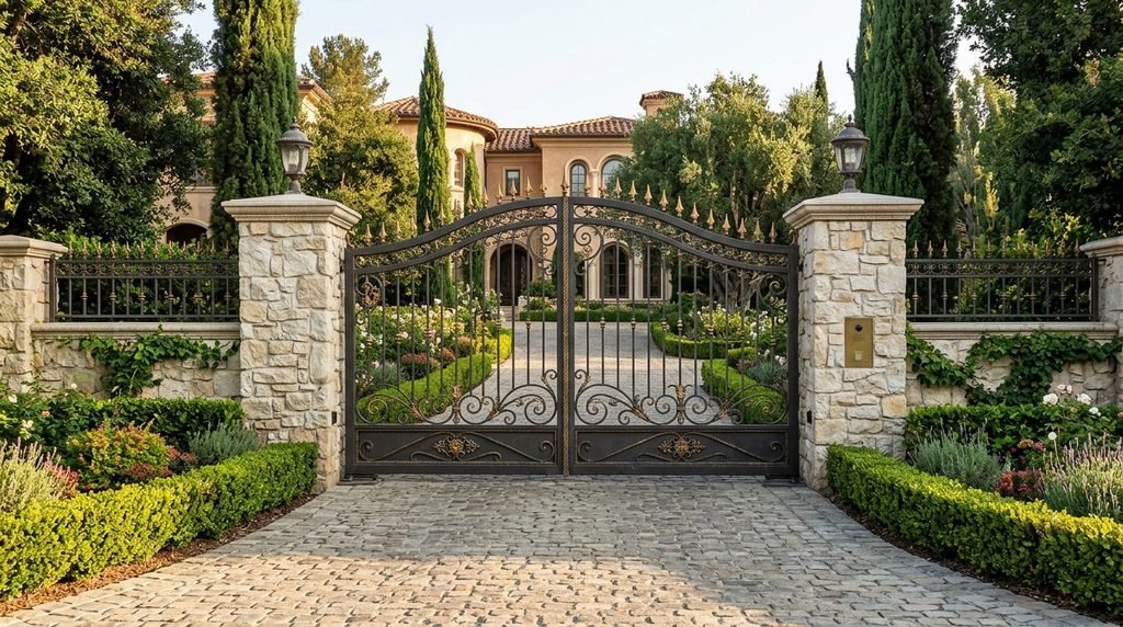 25 Modern Gate Design Ideas to Enhance Your Home's Entrance in 2026 13 Elegant double swing entrance gate.