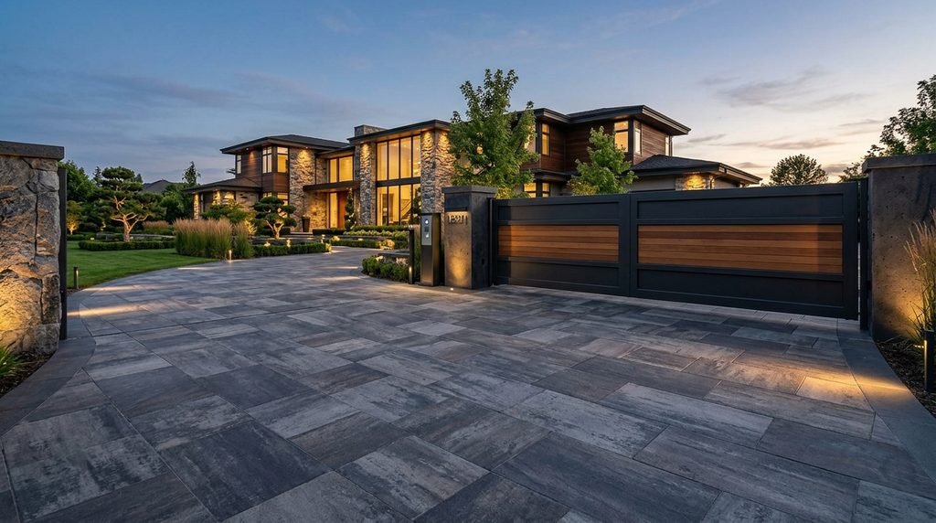 25 Modern Gate Design Ideas to Enhance Your Home's Entrance in 2026 28 Elegant driveway leading to a modern entrance gate.