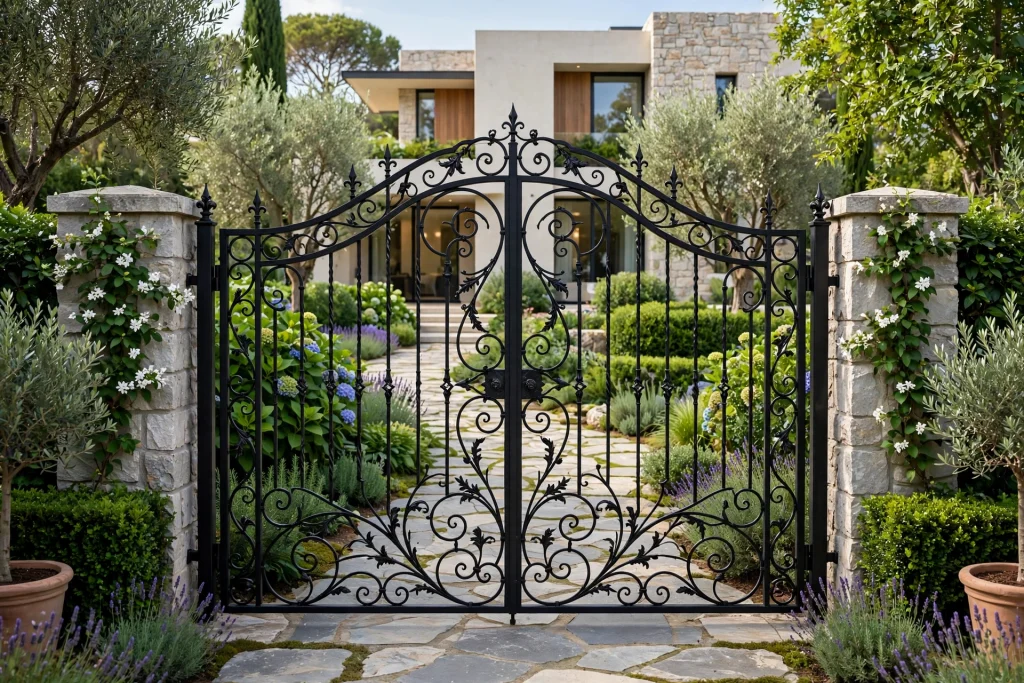 Elegant black wrought iron front yard gate with garden landscaping