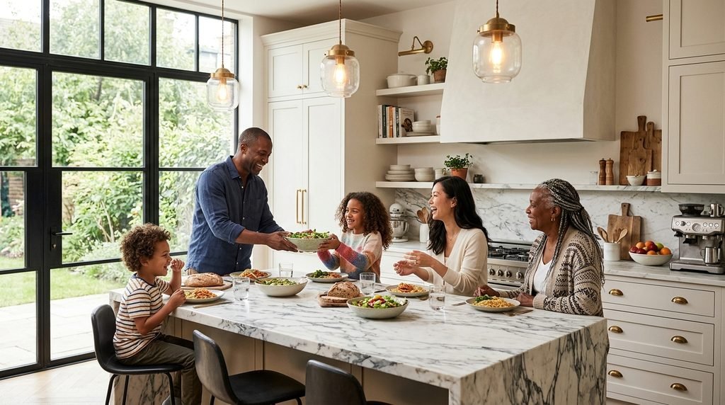 25 Kitchen Design Ideas to Create a Stylish and Functional Space in 2026 47 Family enjoying a stylish and functional modern kitchen.