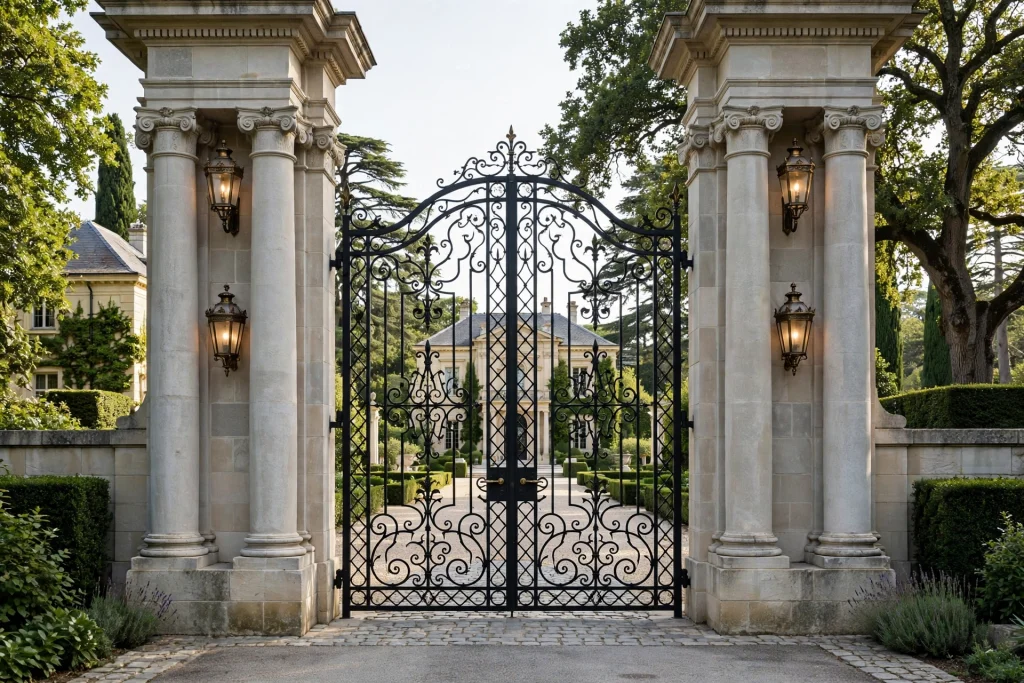 Grand stone column estate gate with wrought iron