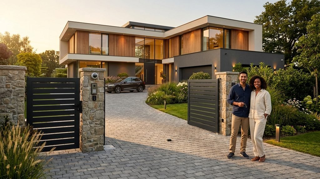 25 Modern Gate Design Ideas to Enhance Your Home's Entrance in 2026 43 Modern entrance gate enhancing the beauty and security of a home.