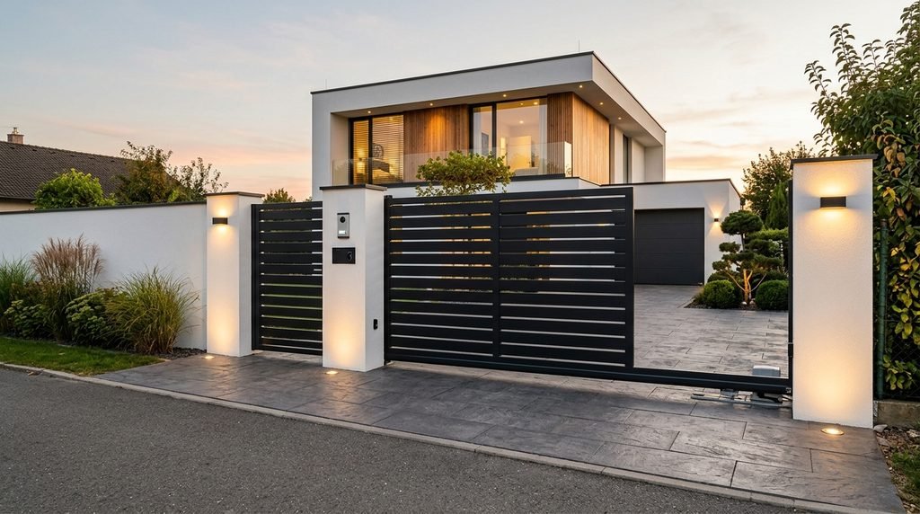 25 Modern Gate Design Ideas to Enhance Your Home's Entrance in 2026 31 Space-saving sliding gate for a compact home.