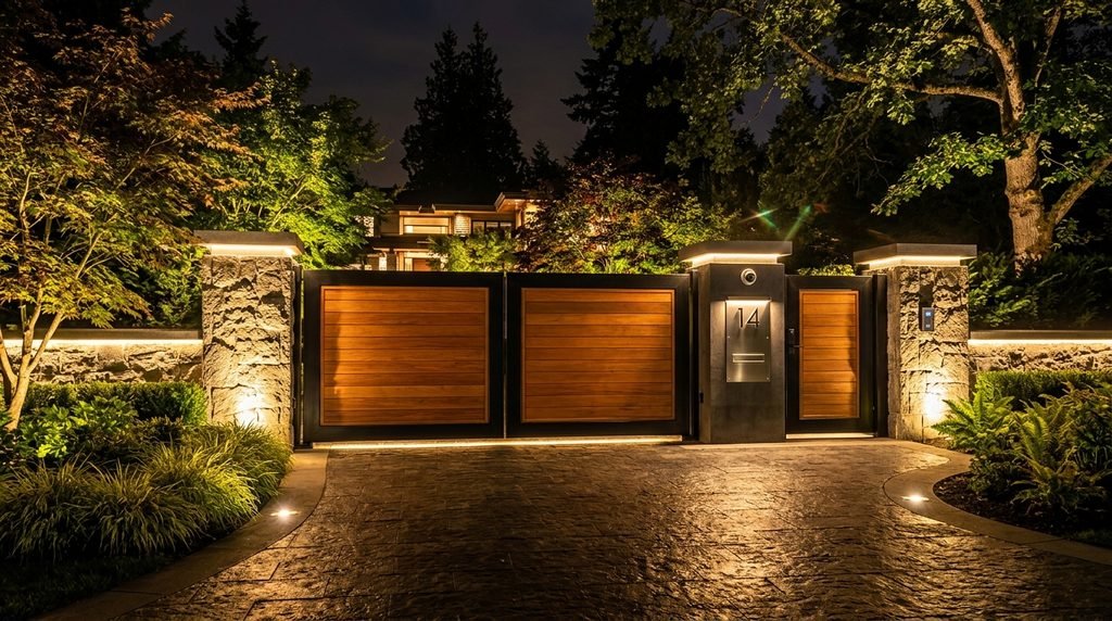 25 Modern Gate Design Ideas to Enhance Your Home's Entrance in 2026 23 Modern entrance gate with LED lighting.