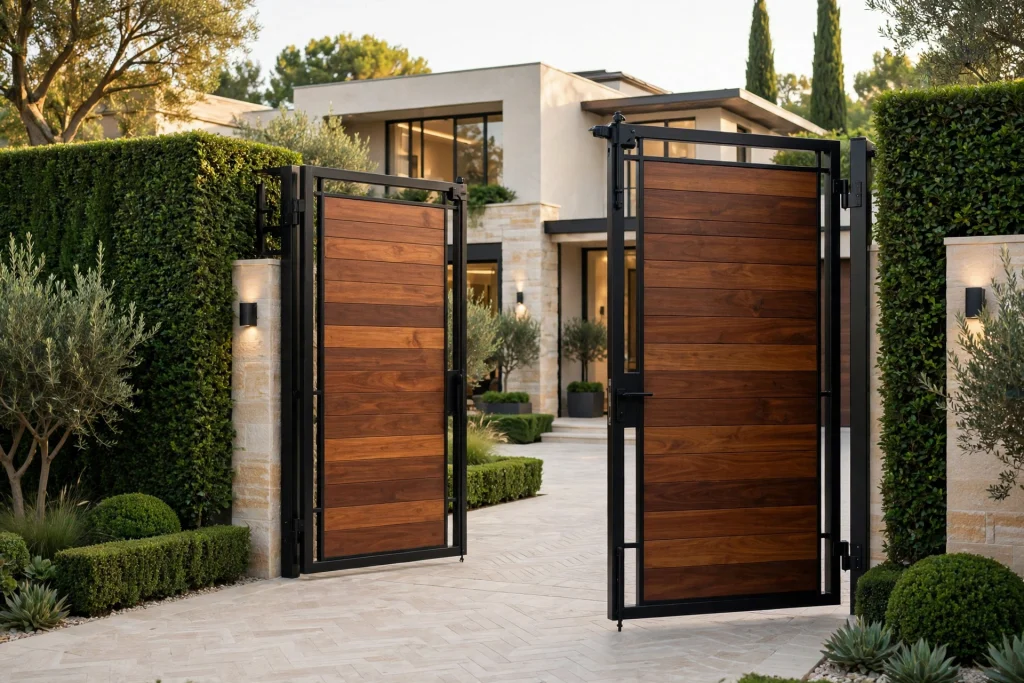 Luxury double swing wood and steel driveway gate