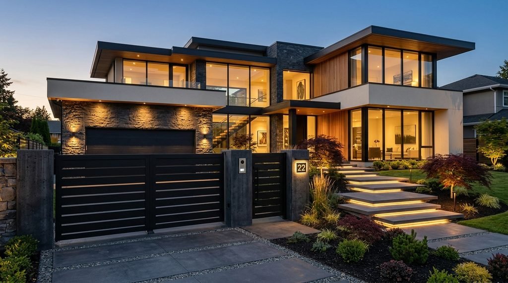 25 Modern Gate Design Ideas to Enhance Your Home's Entrance in 2026 15 Matte black modern gate for a contemporary home.