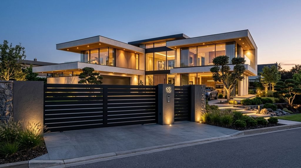 25 Modern Gate Design Ideas to Enhance Your Home's Entrance in 2026 1 Contemporary metal gate with horizontal slats.