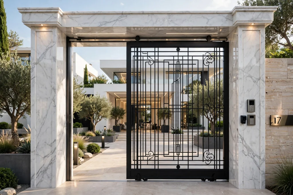  Luxury villa gate with marble pillars and black iron
