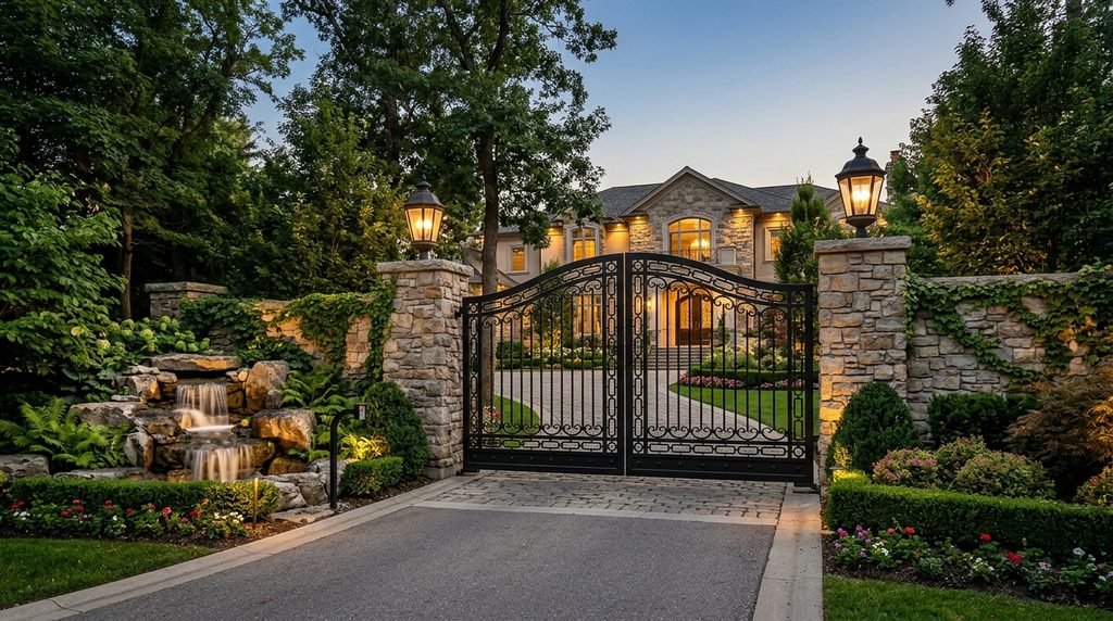25 Modern Gate Design Ideas to Enhance Your Home's Entrance in 2026 33 Mansion entrance with black gate