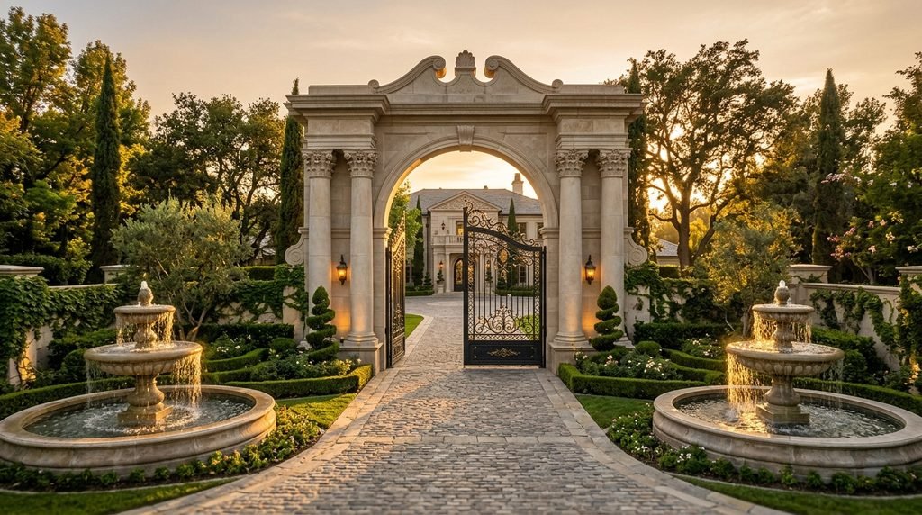 25 Modern Gate Design Ideas to Enhance Your Home's Entrance in 2026 26 Luxury entrance gate with stone pillars.