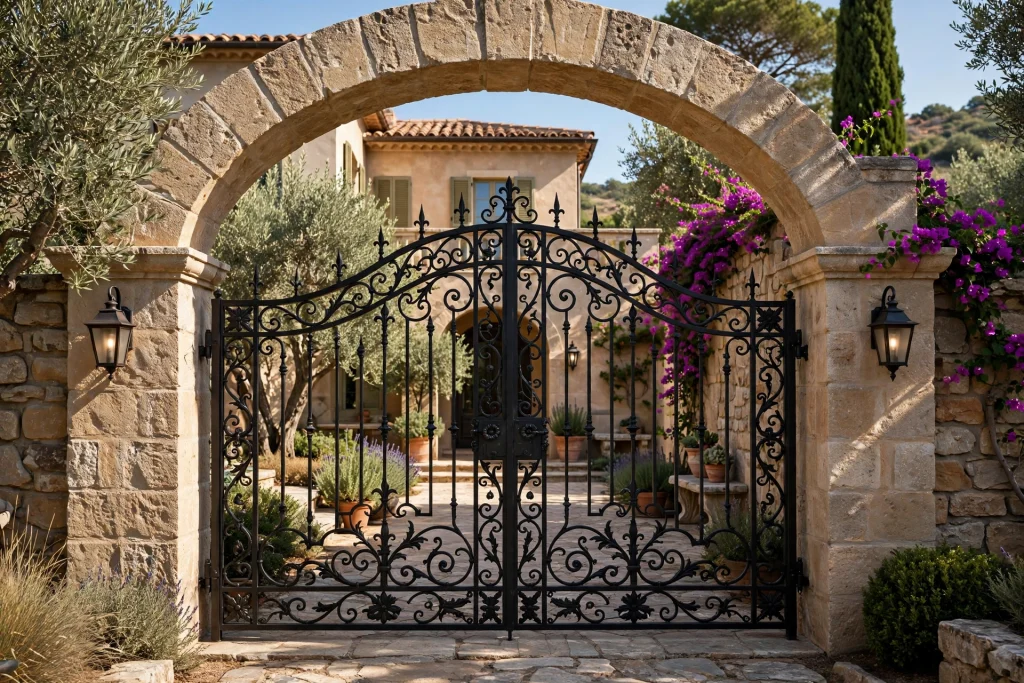 Mediterranean stone arch luxury villa gate