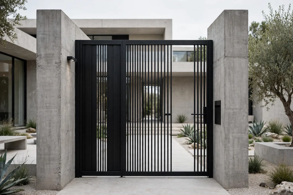 Minimalist concrete and black steel luxury gate