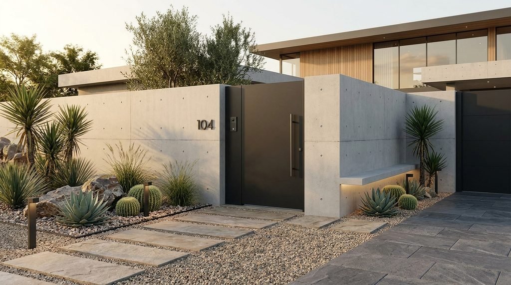 25 Modern Gate Design Ideas to Enhance Your Home's Entrance in 2026 10 Minimalist solid-panel gate design