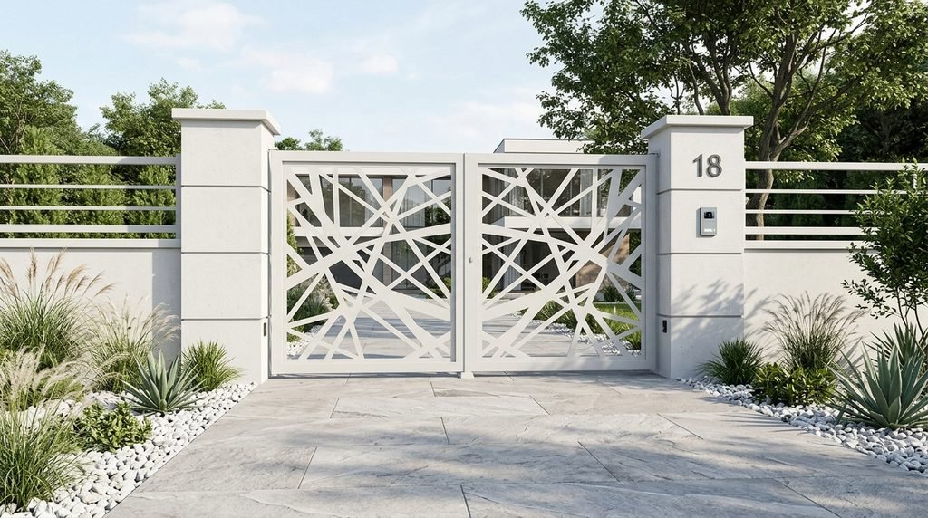 25 Modern Gate Design Ideas to Enhance Your Home's Entrance in 2026 32 Light-colored modern gate with decorative panels.