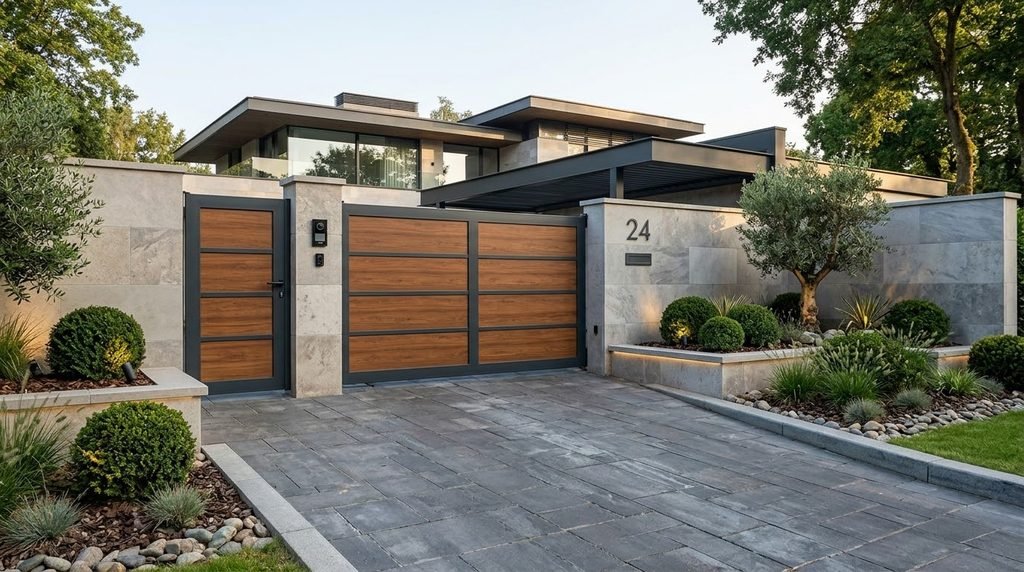 25 Modern Gate Design Ideas to Enhance Your Home's Entrance in 2026 8 Lightweight aluminum entrance gate.