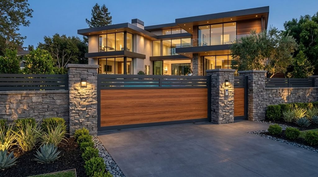 25 Modern Gate Design Ideas to Enhance Your Home's Entrance in 2026 16 Wood-look aluminum gate with a modern design.