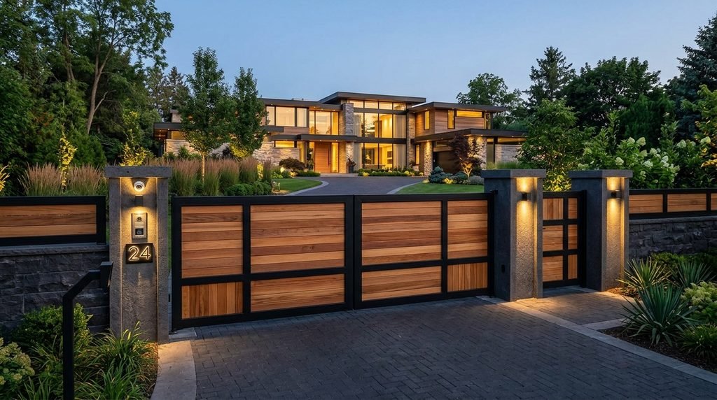 25 Modern Gate Design Ideas to Enhance Your Home's Entrance in 2026 11 Wood and metal combination modern gate.