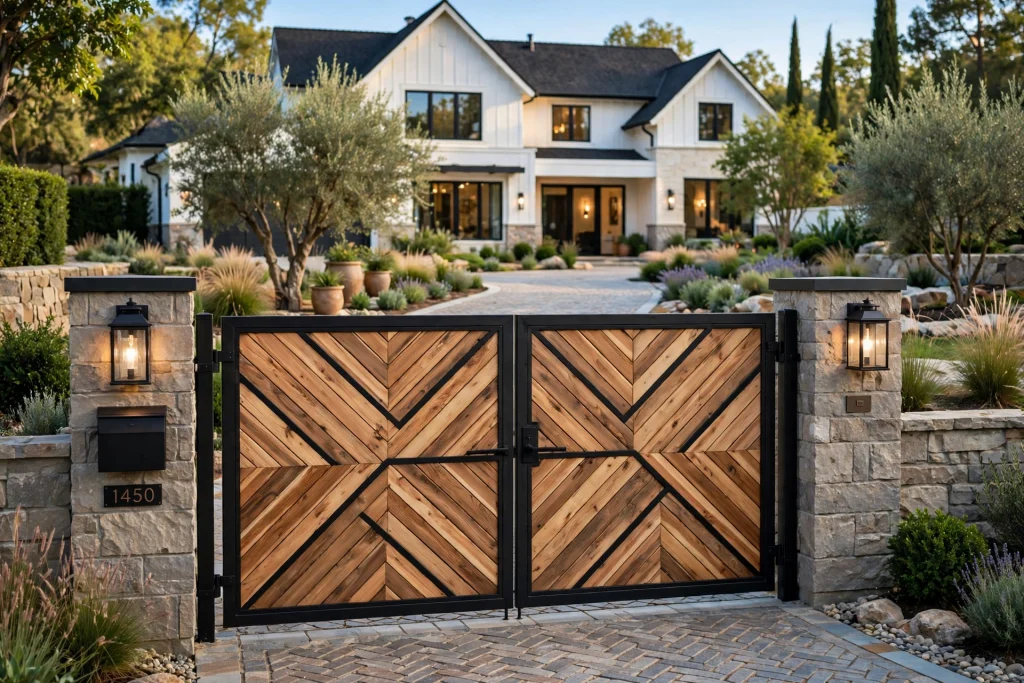 Modern farmhouse chevron wood luxury gate