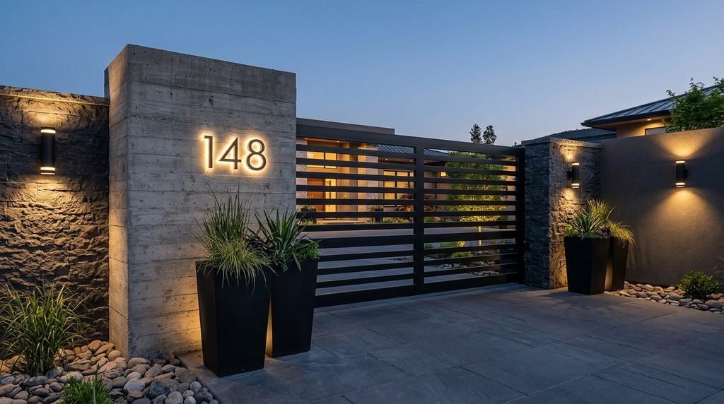 25 Modern Gate Design Ideas to Enhance Your Home's Entrance in 2026 29 Modern entrance with decorative lighting and planters