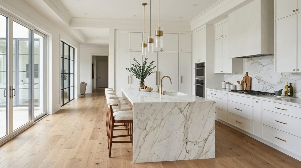 25 Kitchen Design Ideas to Create a Stylish and Functional Space in 2026 1 Modern kitchen with white cabinets and marble countertops