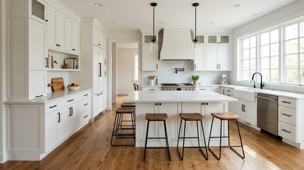 25 Kitchen Design Ideas to Create a Stylish and Functional Space in 2026 10 White shaker cabinets in a modern kitchen.