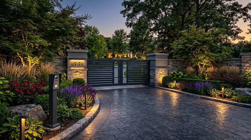 25 Modern Gate Design Ideas to Enhance Your Home's Entrance in 2026 27 Beautiful landscaping around a modern entrance gate.