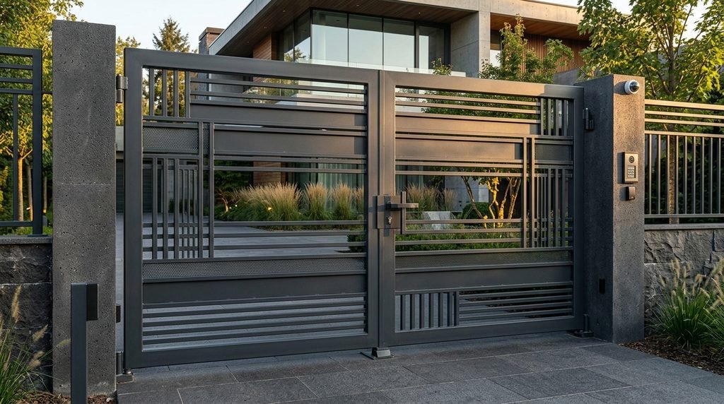 25 Modern Gate Design Ideas to Enhance Your Home's Entrance in 2026 21 Secure steel entrance gate for residential homes.