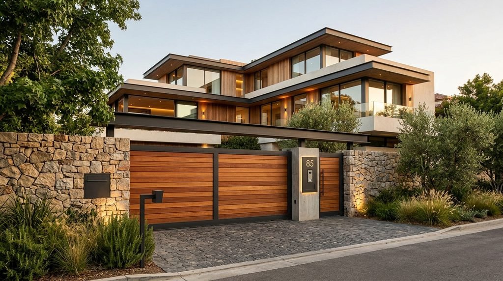 25 Modern Gate Design Ideas to Enhance Your Home's Entrance in 2026 35 Luxury wood and steel modern gate.
