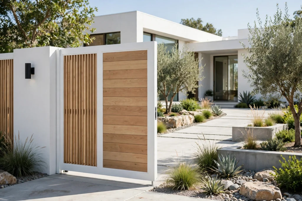 Modern white and wood minimalist front gate design for house