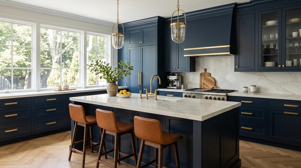 25 Kitchen Design Ideas to Create a Stylish and Functional Space in 2026 35 Navy blue kitchen with white countertops.