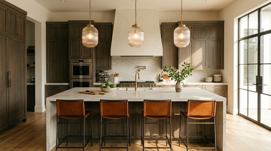 25 Kitchen Design Ideas to Create a Stylish and Functional Space in 2026 17 Stylish pendant lights over a kitchen island.