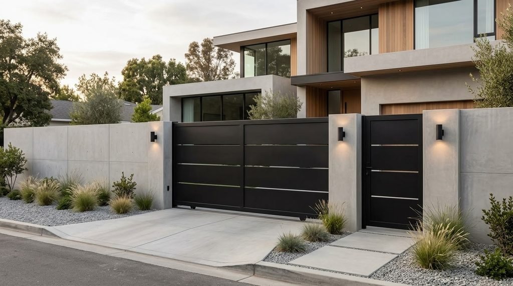25 Modern Gate Design Ideas to Enhance Your Home's Entrance in 2026 7 Powder-coated steel gate for a modern home.