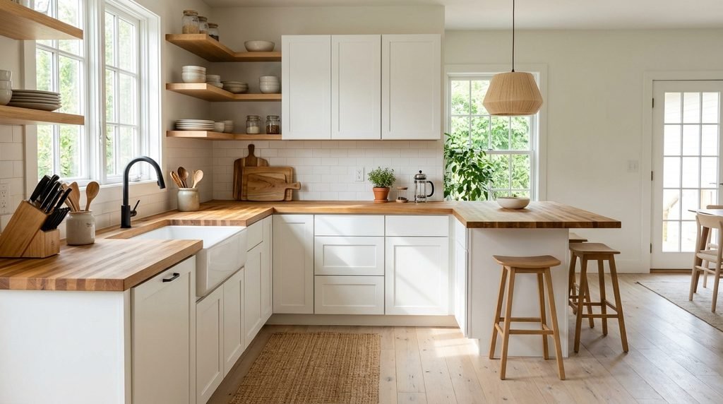 25 Kitchen Design Ideas to Create a Stylish and Functional Space in 2026 15 Butcher block countertops adding warmth to a modern kitchen
