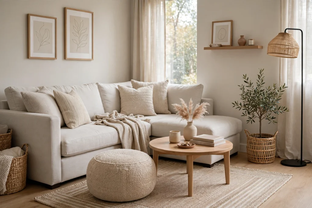 Small living room with beige sectional sofa and pouf