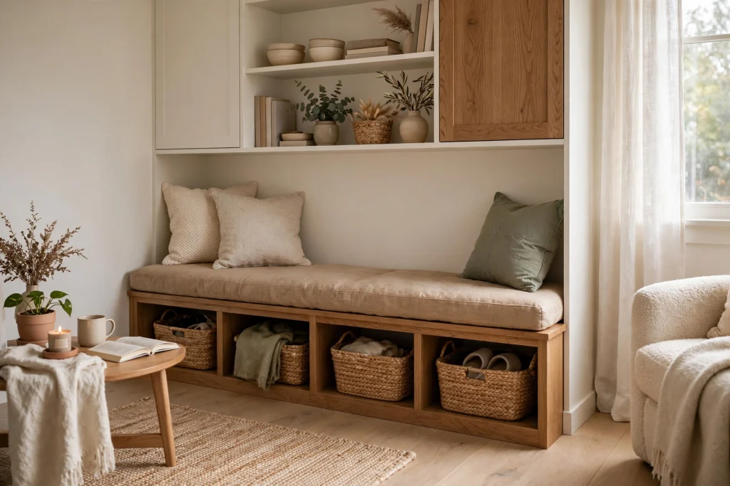 Small living room with built-in storage bench