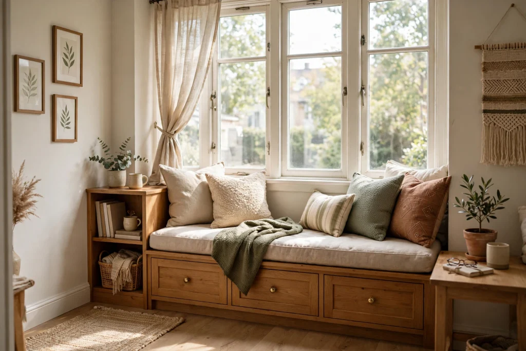  Small living room with built-in window seat storage