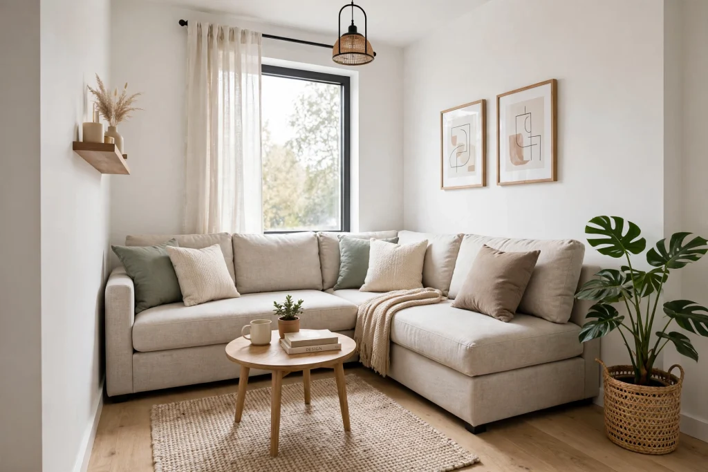 Small living room with compact corner sofa